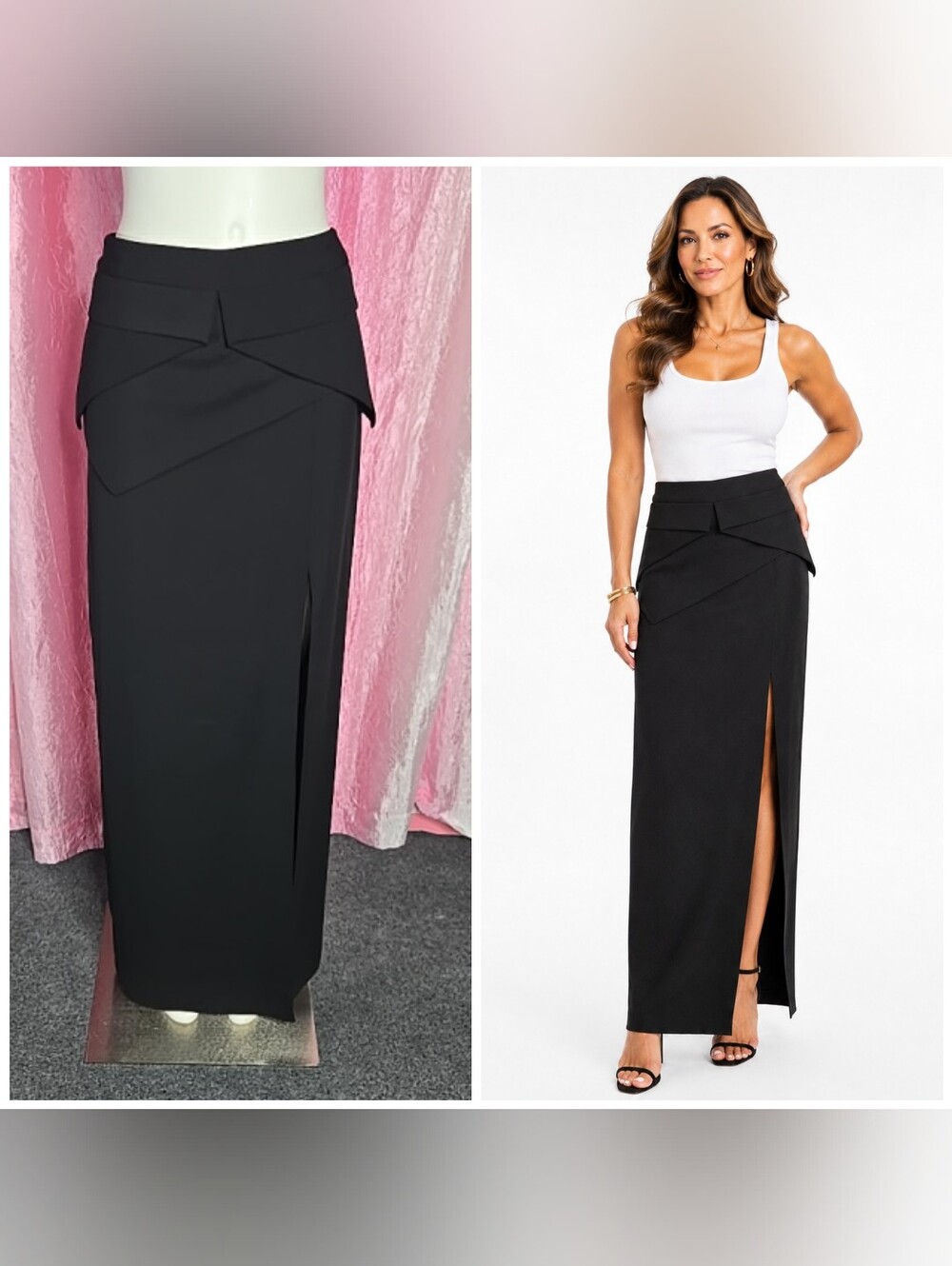 BCBG Max Azaria Black The Beverly Peplum Hostess High Slit Maxi Skirt Size 6